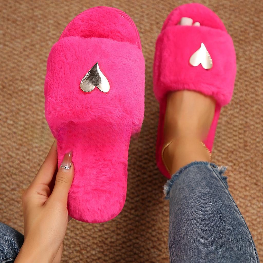 New High-end Fashion Love-decorated Plush Slippers for Women with Open Toes Soft and Comfortable, Lightweight, Suitable for Bedroom, Living Room, Home