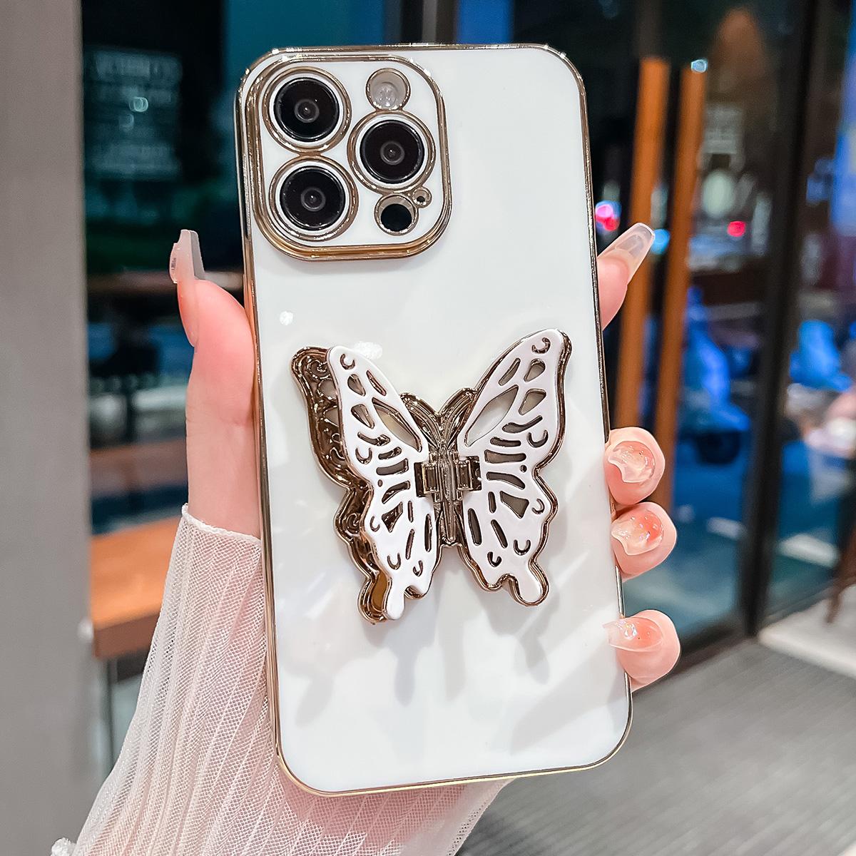 

For iPhone 16 Pro Case Butterfly Kickstand TPU Electroplating Phone Cover White