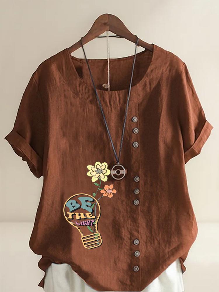 Women's Fashion Flower Print Round Neck Short Sleeve T-shirt Summer Casual Cotton Linen Graphic Shirt Leisure Loose Blouse Tops