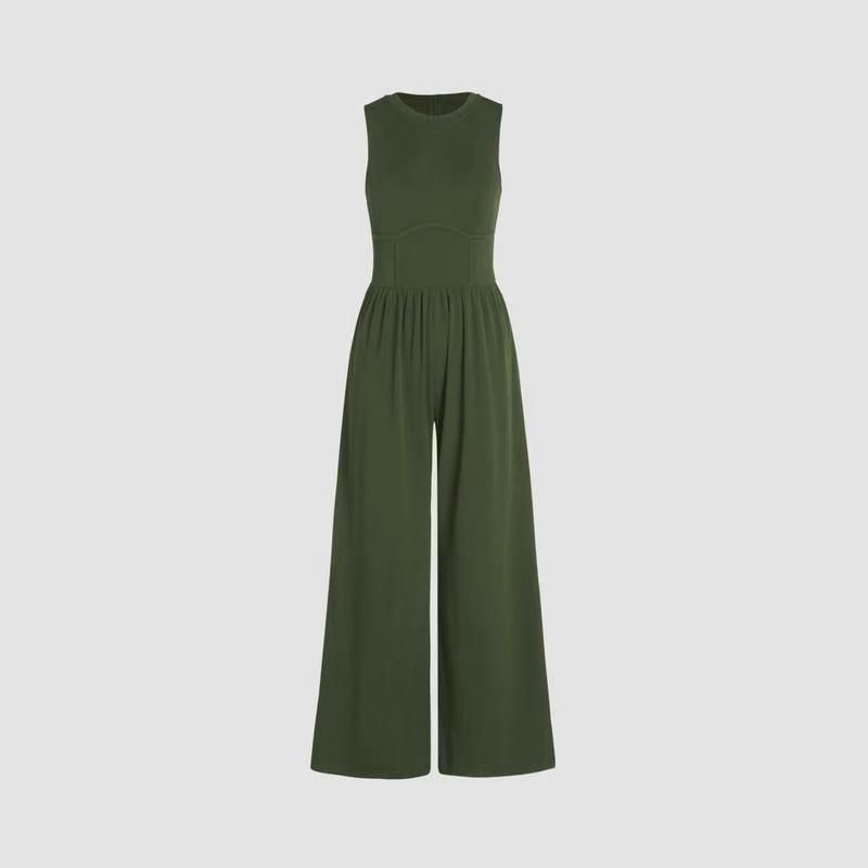 European and American Spring and Autumn Solid Vest High Waist Slim Fit Jumpsuit Round Neck Wide Leg Straight Trousers Women Clothes