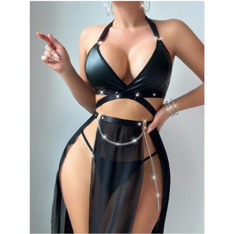 Spicy Dark PU Leather Choker Bra & Chain Two-Piece Lingerie Set