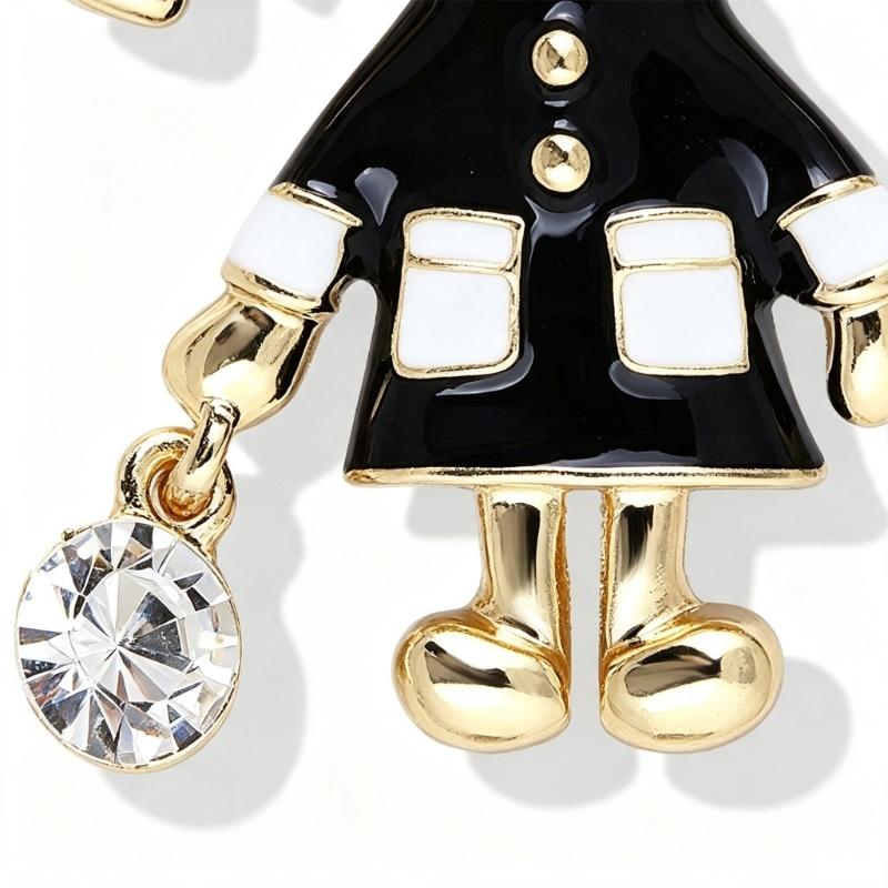 Character Brooch Pin for Women Gold Tone Alloy Girl Design with Black and White Enamel Style Detail for Jackets Scarves Bags and Daily Wear