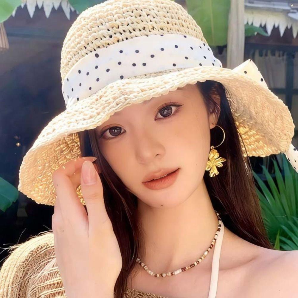 Wide Brim Straw Hat Polka Dot Sunshade Hat Fashion Sunscreen Hat  Seaside Beach