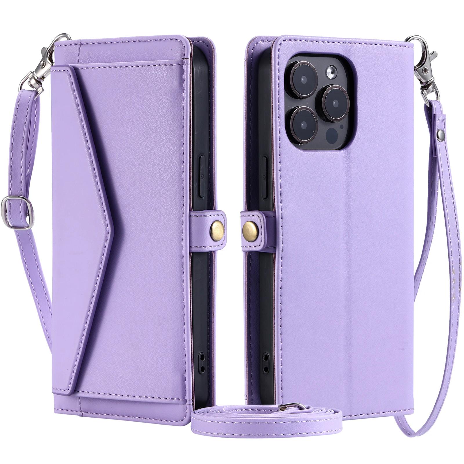

Crossbody Leather Wallet Case For iPhone17 16 Pro Air15 14 13Pro Max Card Solt Pocket Shoulder Cover for Samsung S26/25/24/23/22/21FE/30Ultra A16 A54 For iPhone 16E фиолетовый