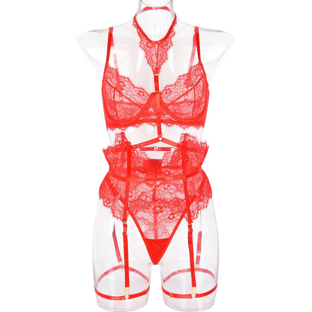 High-end quality explosive sexy underwear eyelash lace glue bone garter belt 8-color body sculpting five-piece set