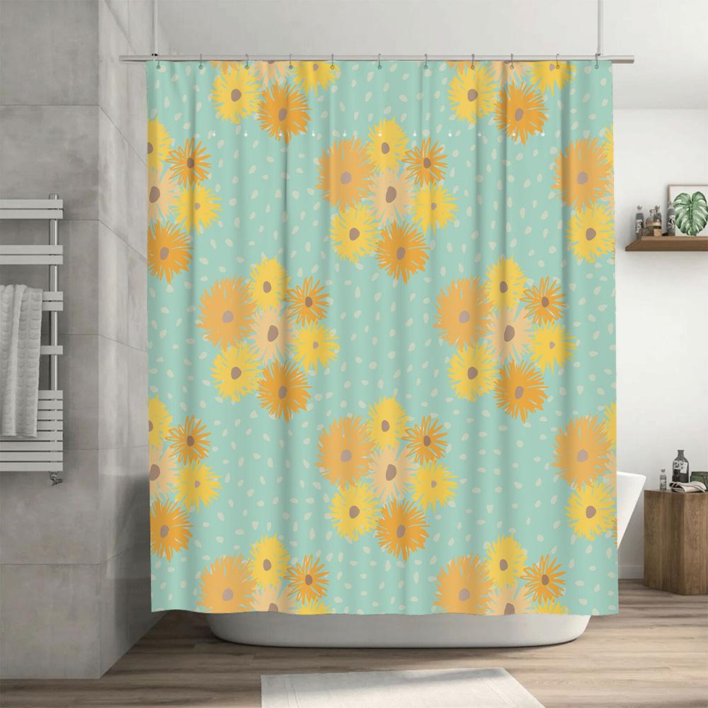 Yellow Blue Shower Curtain Floral Printed Bathroom Decoration for Home Decor Modern Waterproof Fabric Bath Mat Cover Size 72x84