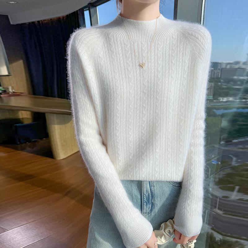 Women's 100% Wool Half-High Collar Cable Knit Pullover Sweater