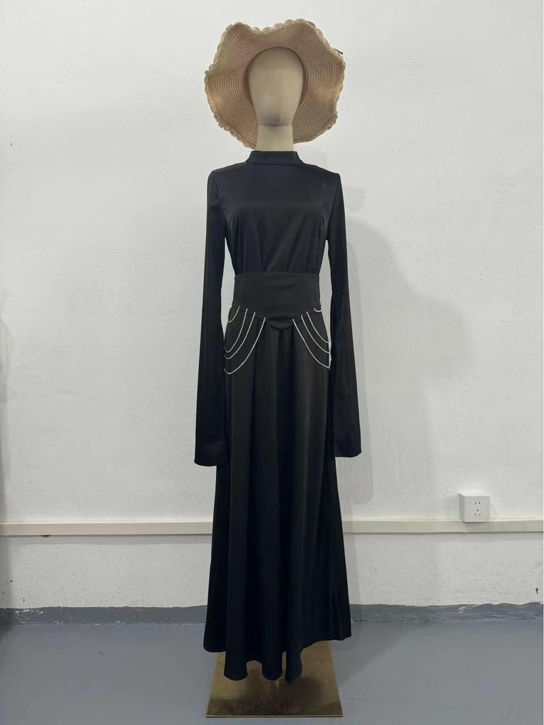 2024 Spring Semi-high Neck Satin Dress: European-American Court Style, Waist-Slimming, Long-Sleeved
