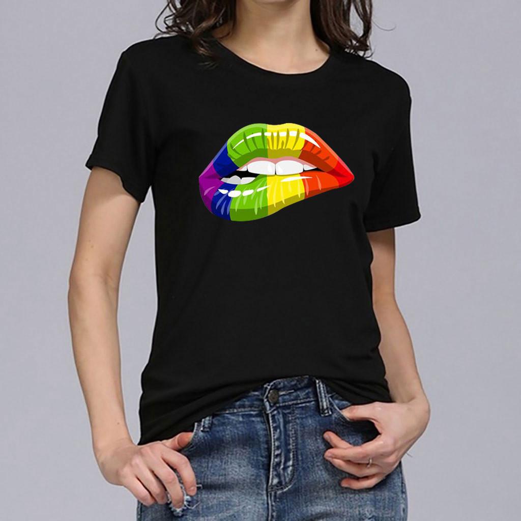 Women Girls Plus Size Lips Print Shirt Short Sleeve T Shirt Blouse Tops