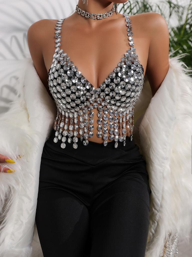 Handmade Festival Bra Women Acrylic Crystal Bikini Top Body Chain Jewelry Harness Lady Fringe Gemstone Bralette