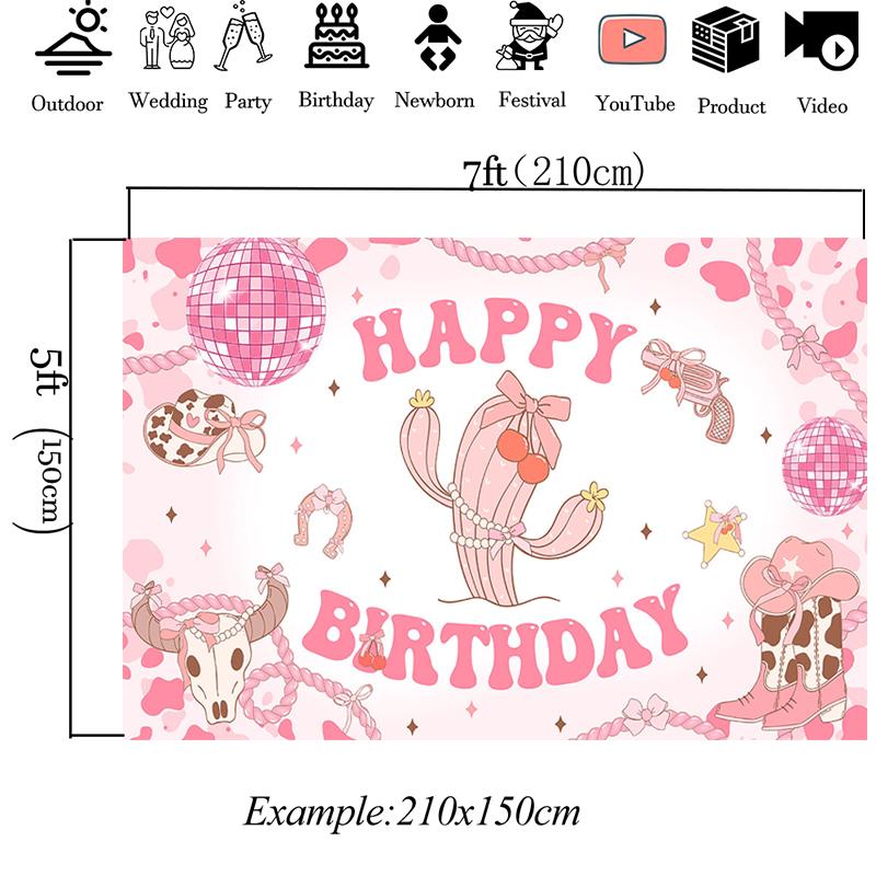 Mocsicka Pink Western Cowgirl Happy Birthday Photography Backdrop Cactus Cowboy Boots Background Cloth Girls Party Photo Booth