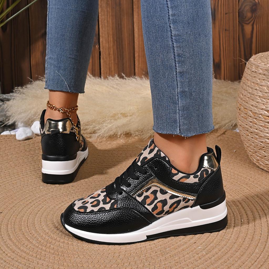 24 autumn leopard print sports single shoes women's round head lace-up wedge heel platform shoes casual large size women's shoes
