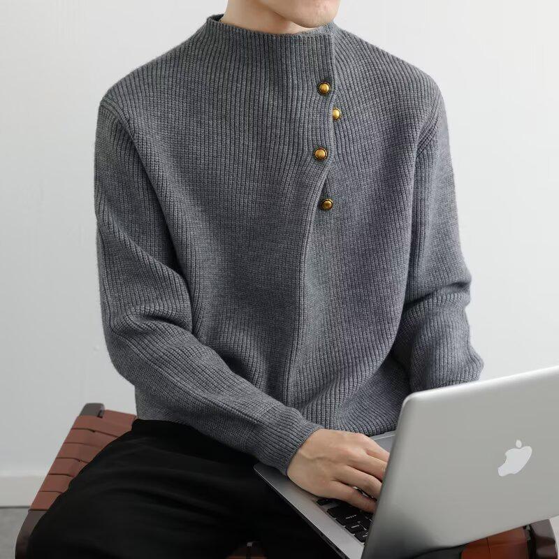 Red Heavyweight Unisex Retro Knit Sweater - Winter Loose Fit with Half-High Collar L