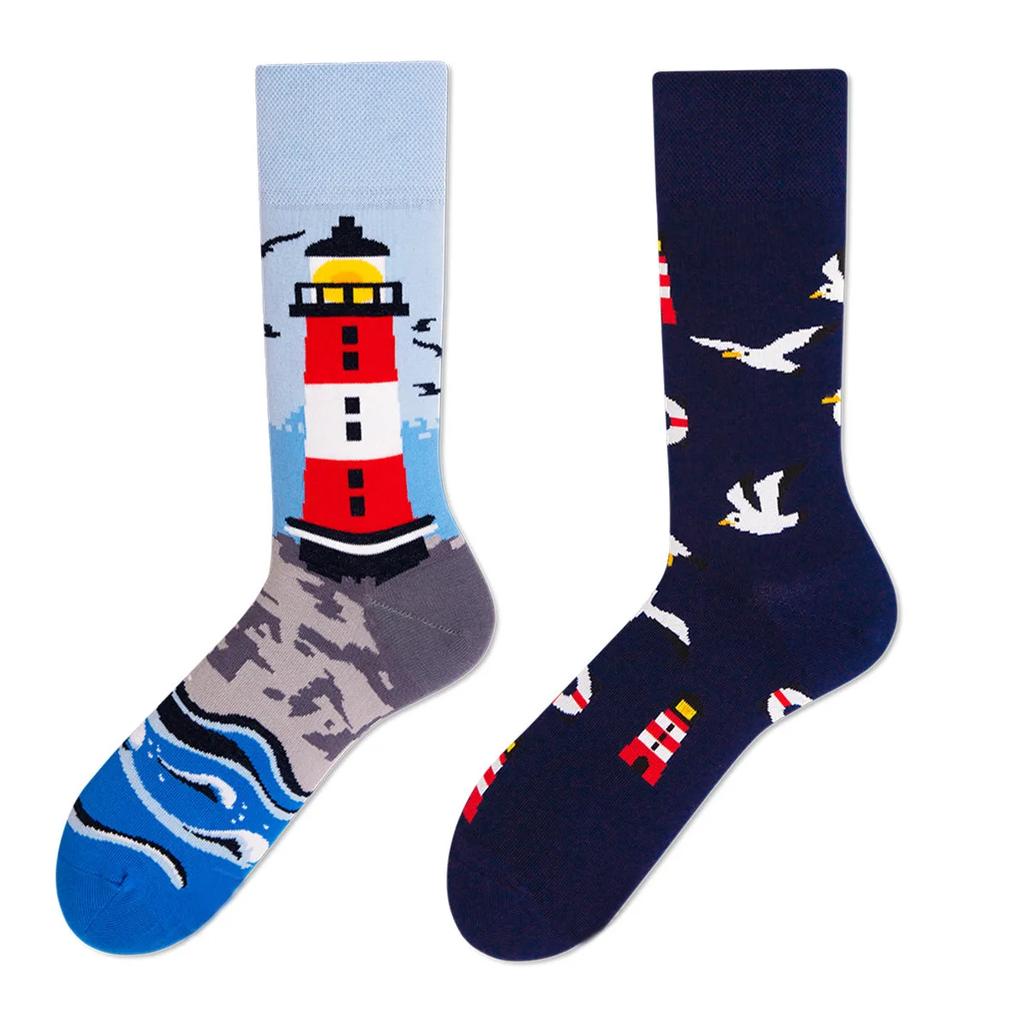 New Creative Couple AB Asymmetric Trendy Socks Fashionable Personalized Trendy Cartoon Jacquard Long Tube Cotton Socks