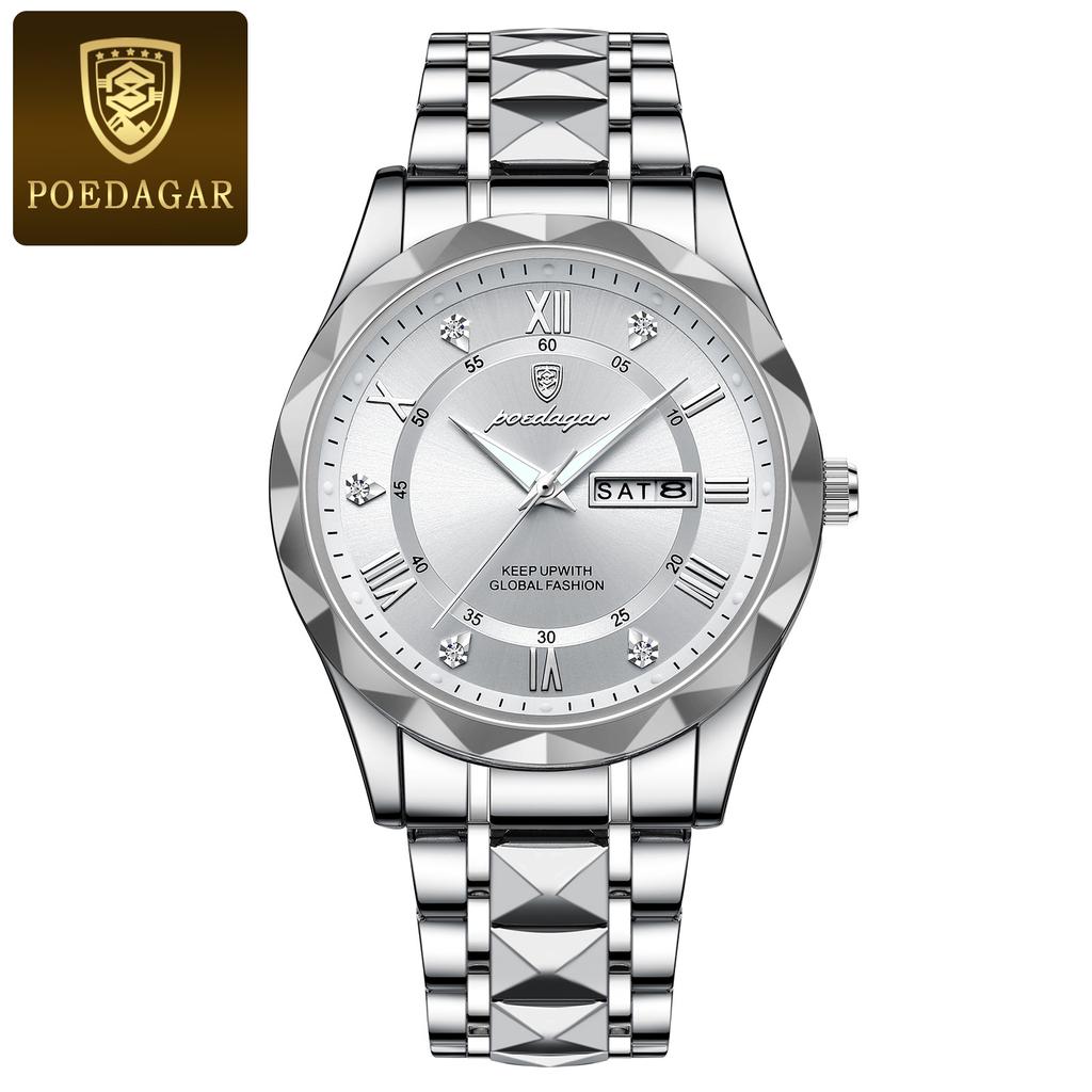 POEDAGAR Top Luxusmarke Herrenuhren Wasserdicht Leuchtend Kalender Wochentag Uhr für Mann Edelstahl Lässige Quarz Uhr