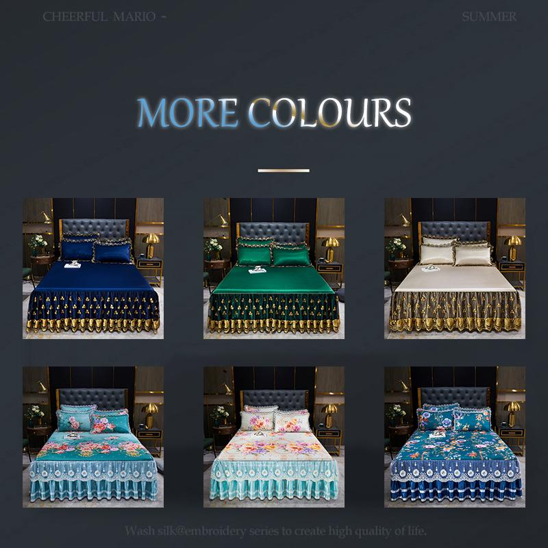 Blondertilpasset laken Luksus sengetøysett Romantisk ismatte sammenleggbare broderte laken Lin Sengetøy Queen Sengeteppe med skjørt