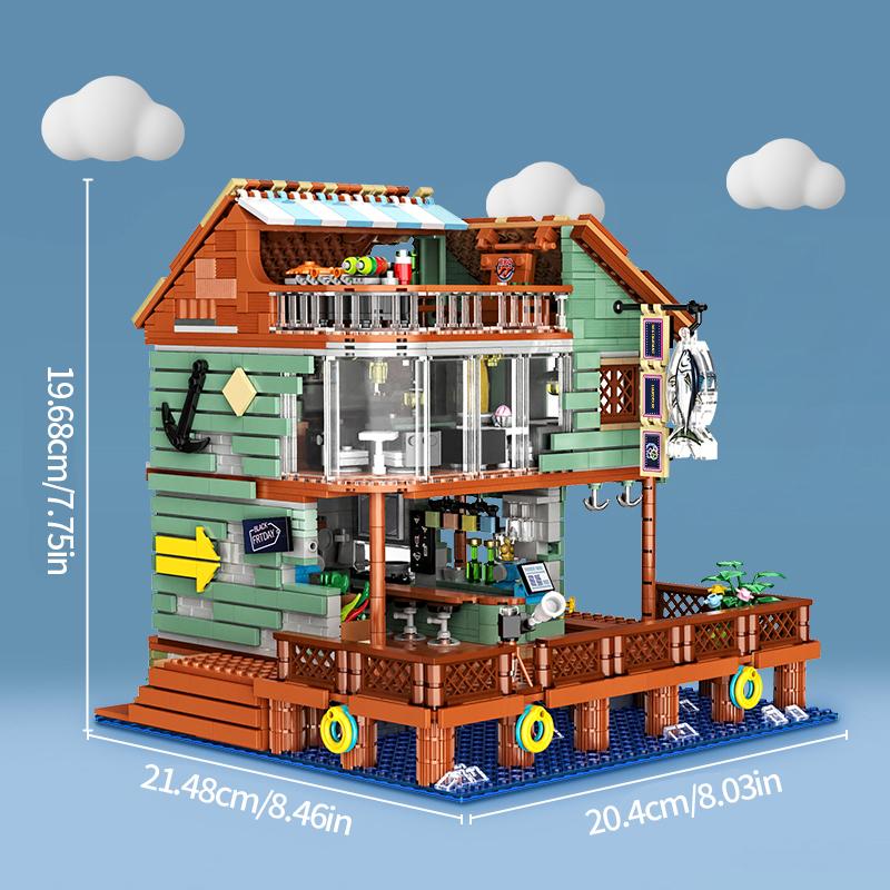 2096PCS Harbor Restaurant Building Blocks Seaside Street View House Construction MOC Bricks Toys Детские рождественские подарки без коробки