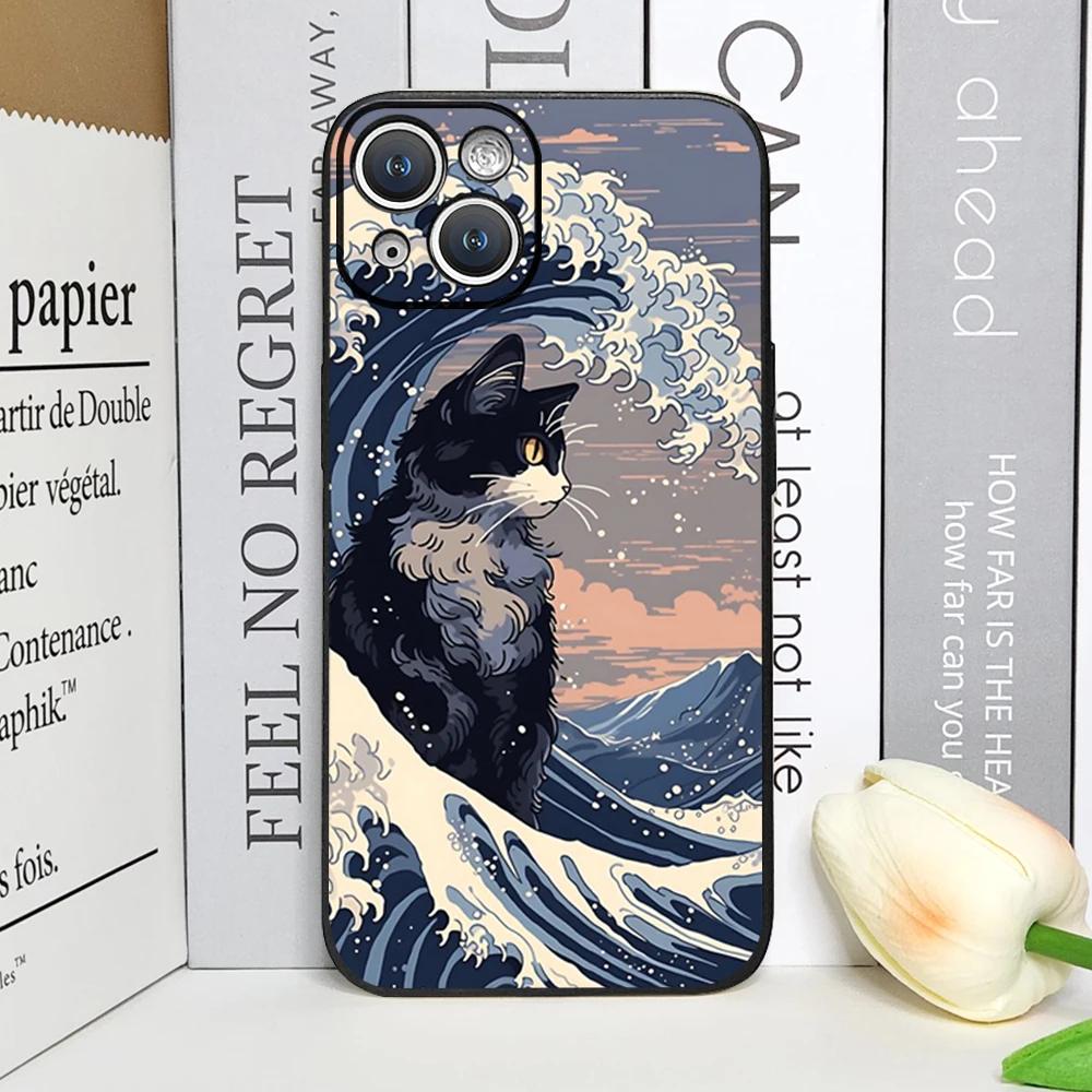 Japan The Great Wave of Kanagawa Cat Phone Case for IPhone 12 Mini 11 13 14 15 16 Pro X XS Max 7 8Plus SE2 Soft Cover Art Fundas