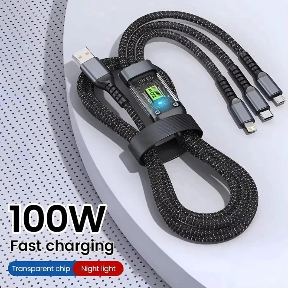 3-In-1 Super Fast Charging Cable, 3-In-1 Charging Cable With Transparent Illuminated Braided Nylon Wire, Fast Charging Data