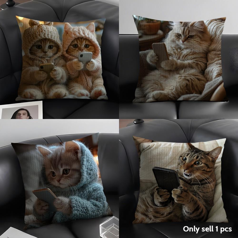 Cute Cat Holding Phone Cushion Cover Natural Linen Organic Fabric Double-Sided Printing Sofa Home Decor Gift Pillow Case