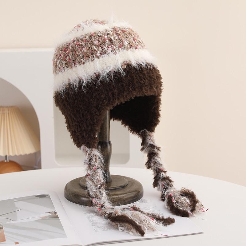 Striped Splicing Knitted Wool Hat for Women In Autumn and Winter Thickened Warmth and Cold Protection Ear Protection Goggles for Lei Feng Hat