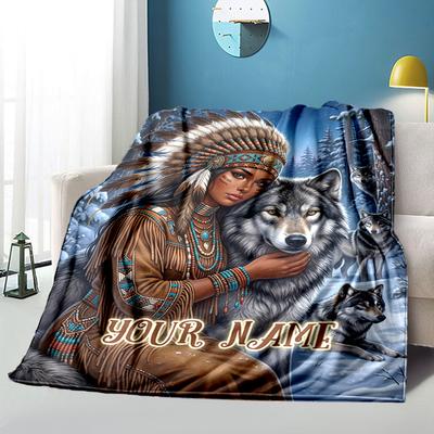 1PC Custom Name Native Spirit Wolves Blanket Versatile,all-season Throw Suitable for the Living Room,bedroom,camping,travel,and Gift