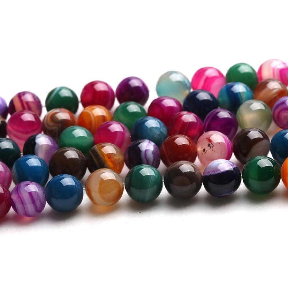 Multicolor Stripe Agates Stone Round Beads 15"Strand Smooth Loose Spacer Beads 4/6/8/10/12mm for Jewelry Making DIY Bracelets Accessories