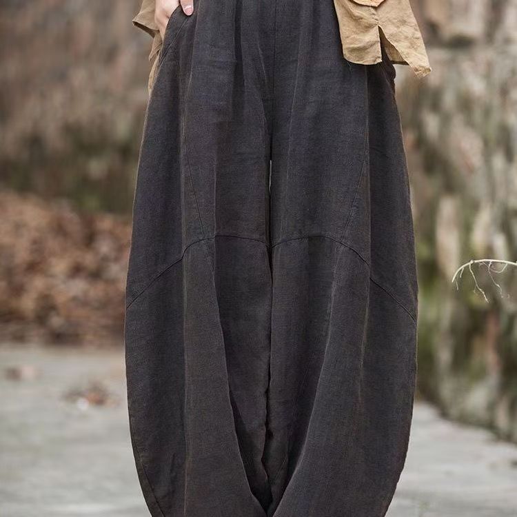 

Элегантные женские хлопково-льняные мешковатые брюки карго y2k винтажные брюки с эластичной талией свободные повседневные длинные широкие штанины большого размера одежда XXXXL чёрный