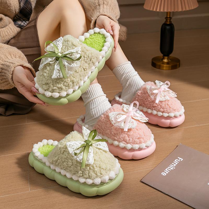Sweet Bow Cotton Slippers Autumn and Winter Indoor Home Dormitory Plus Plush Thick-soled Thermal Shoes