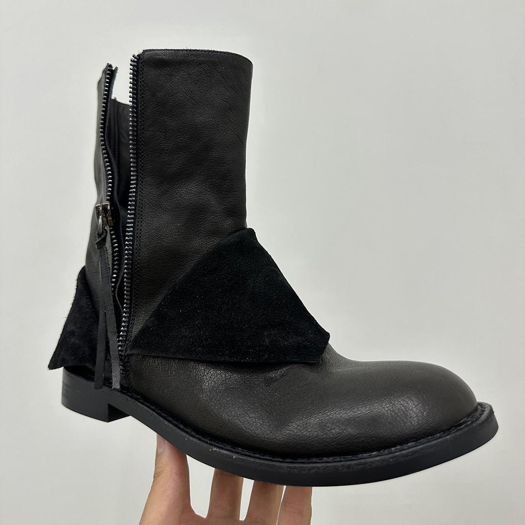 Handsome Side Zipper Leather Flanged Martin Boots Women's British Style Retro Thick Heel Versatile Black Short Boots