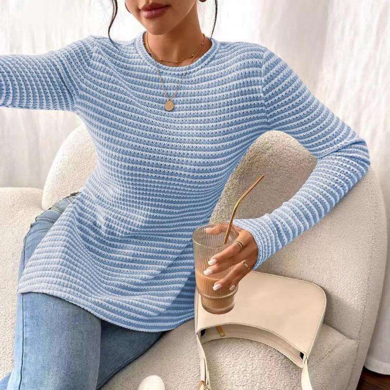 Womens Striped Long Sleeve Crew Neck Slim Fit Knit T Shirt