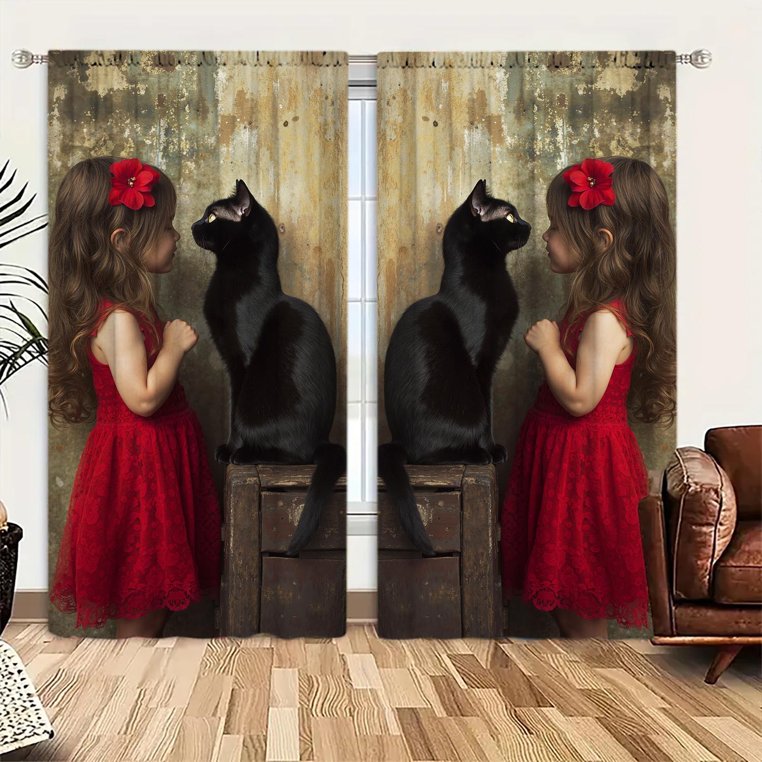 

2 Panels Cute Little Girl and Black Cat Printed Curtains for Shade and Privacy Protection 100*130 HOOK 1pcs