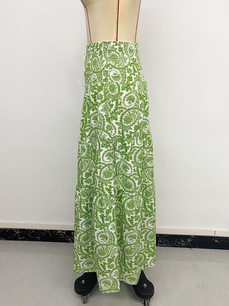 2026 Summer Boho Paisley Print Long Skirt with Elastic Waist and Tassel Drawstring
