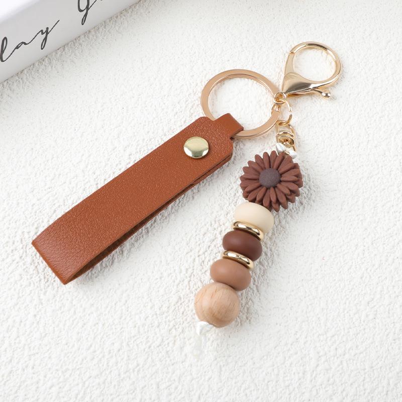 Boho Wood Bead Flower Keychain PU Leather Wrist Strap Metal Key Ring Trendy Bag Pendant for Girls