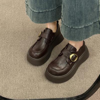 British Style Small Leather Shoes Women's Summer 2025 New Muffin Thick-soled Round Head Versatile Velcro Black Loafers