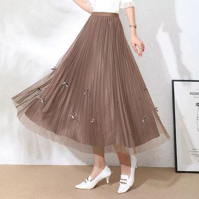 Nail Bead Mesh Skirt  Women's Summer High Waist Pleated Mid Length Skirt