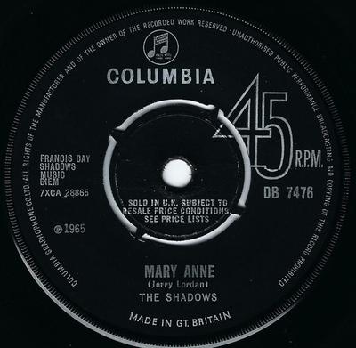 7inch Record SHADOWS - Mary Anne DB7476 Columbia 1965 UK Rock Used