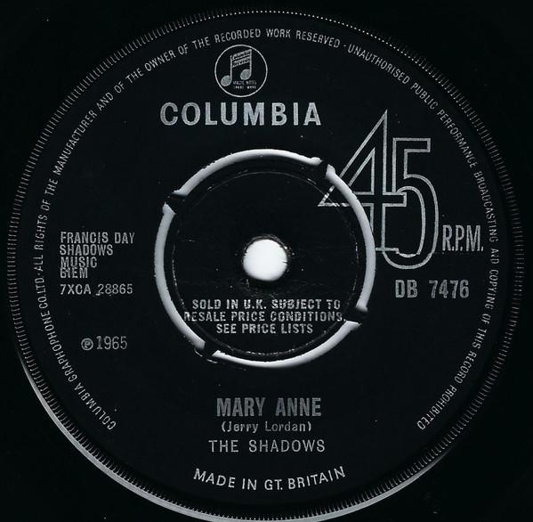 

7inch Record SHADOWS - Mary Anne DB7476 Columbia 1965 UK Rock Used