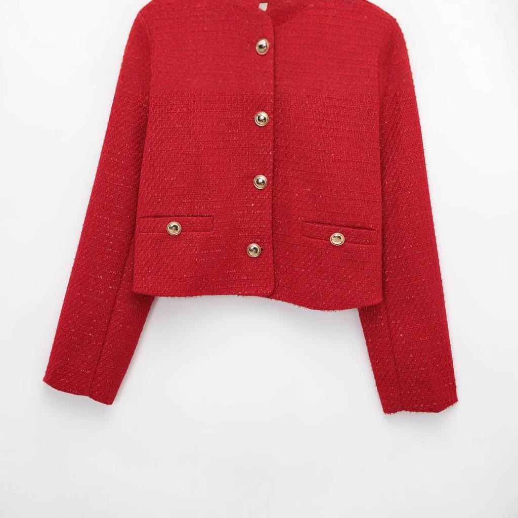 Spring 2025 Women's European & American Style Fashion Textured Suit Jacket with Gold Buttons