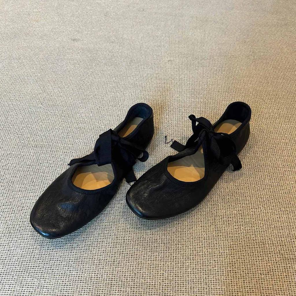 Schafsleder-Version~ Nischenliterarischer und künstlerischer Stil Leichte Mund-Ballerinas Damen Vielseitig Retro Kontrastfarbe Schnürschuhe Flache Sohle Weiche Sohle