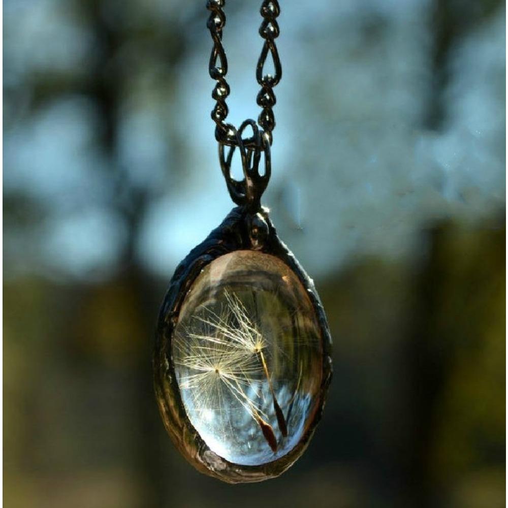 Europe, America, Vintage Dandelion Seed Wishing Oval Time Gem Glass Necklace