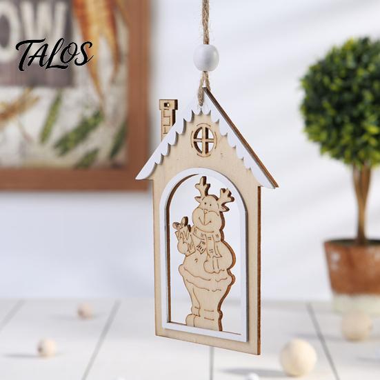Rustic Christmas Garland Decor Wooden House Snowman/Reindeer Hanging Ornament, DIY Xmas Pendant with Farmhouse Hemp Rope for Home Window & Holiday
