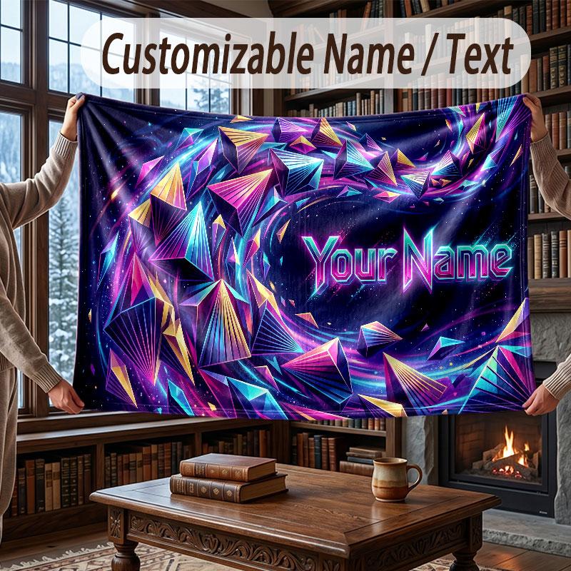 Abstract Geometric Theme Throw Blanket Custom Name Text Personalized Blanket Soft Cozy Blanket for Home Sofa Bed