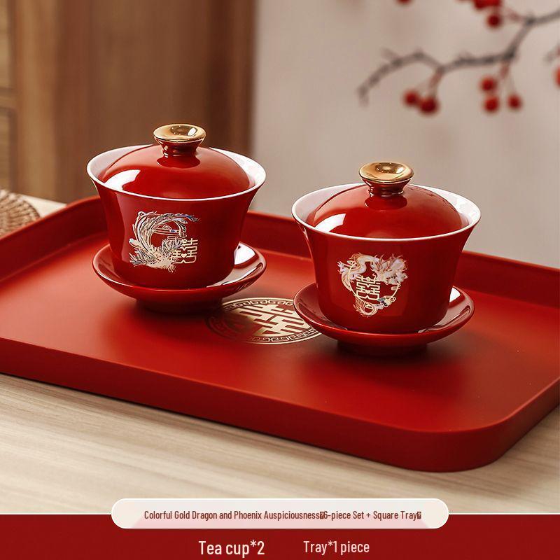 Wedding Tea & Chopstick Set: Red Bowls for Toasting & Happy Celebrations.