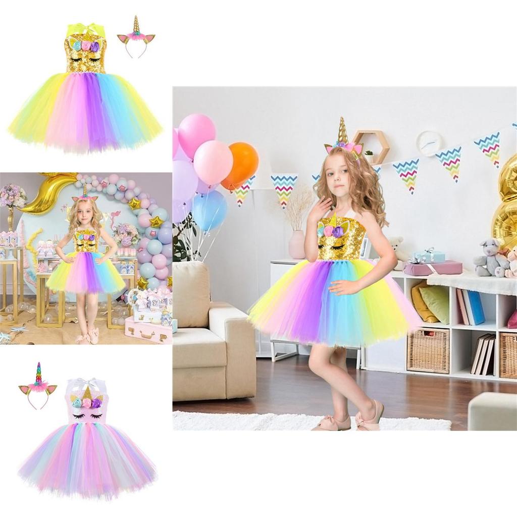 Unicorn Cosplay Girls Dress With Rainbow Pattern For Halloween Party