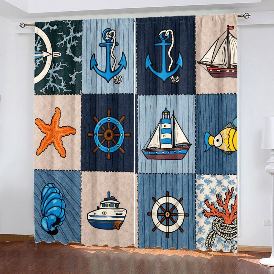 2PCS Digital Printed Curtains, Nautical Navigation Symbol Sailor Navy, Modern Home Decor Style for Living Room Bedroom Decor