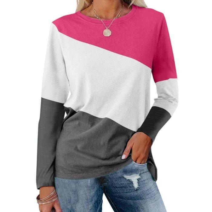 Fashion Color Blocked Long Sleeved Top with Personalized Contrasting Design for Women's Casual T-shirts