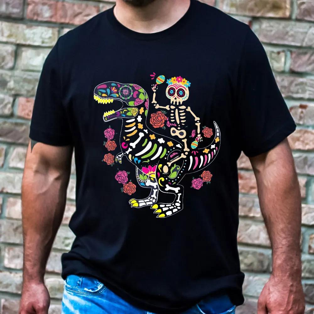 Dia De Los Muertos Skeleton Ride Dinosaur Boy Unisexs Mexican Party Tshirt  Unisex Women Clothing Graphic T Shirts Cotton Tee Tops