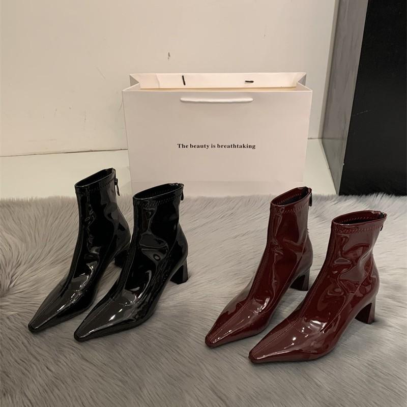 High-heeled short boots women's 2025 new autumn and winter design sense niche pointed thin boots patent leather thick-heeled boots leather shoes