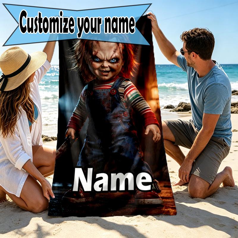 Custom Name Personalized Bride of Chucky Print Beach Towel, for Trip Camping Beach Party Home Decor, Birthday Gift for Family & Friends